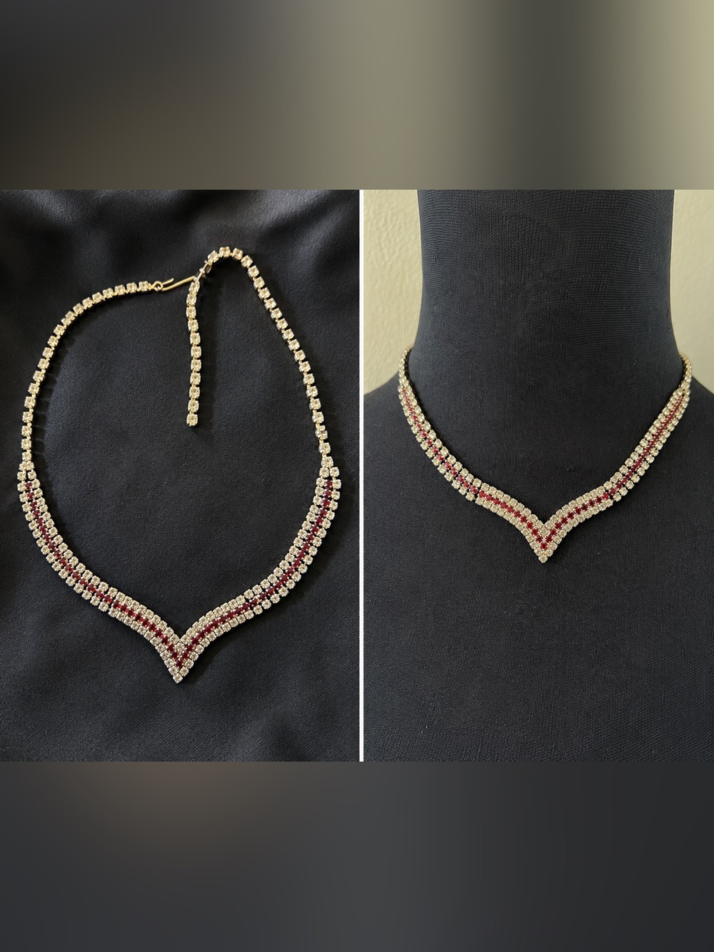 Vintage Ruby Red Clear Rhinestone V Necklace Tennis Choker Silver Adjustable Y2K